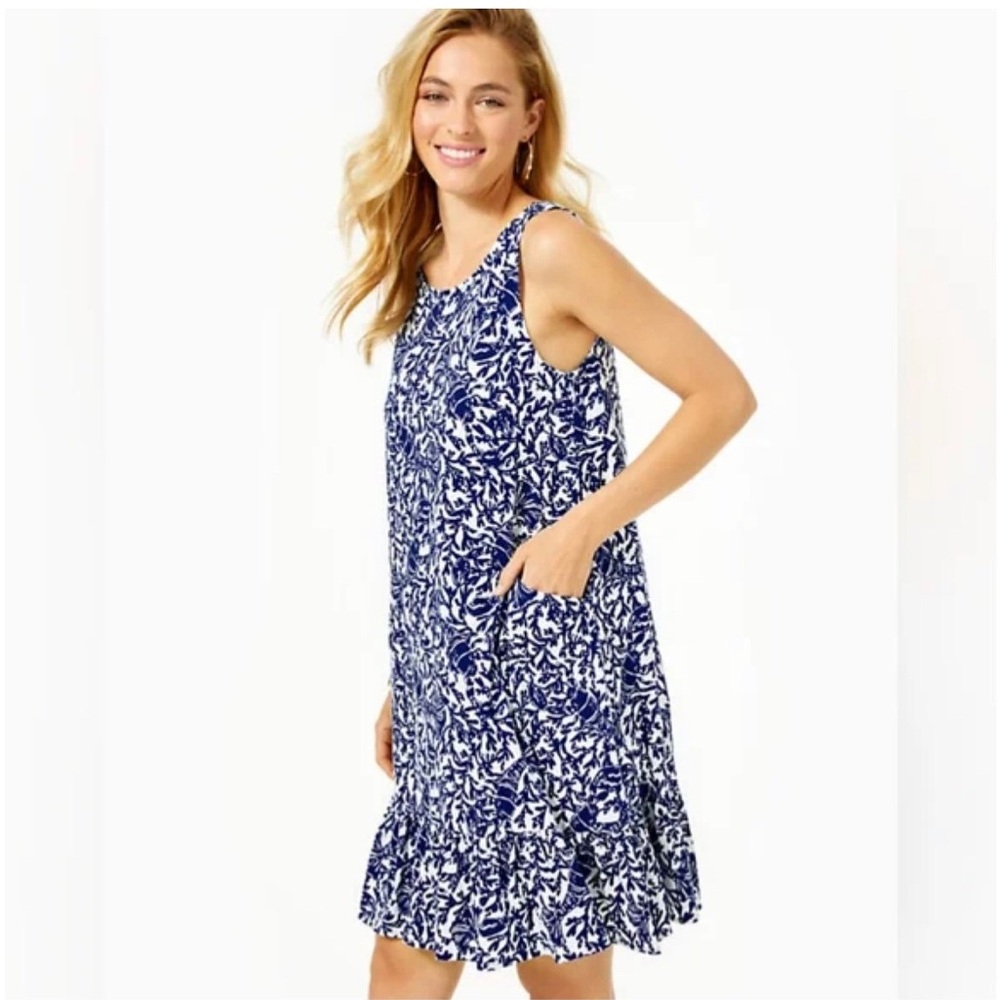 Lilly Pulitzer Kristen Flounce Dress Womens Medium Blue Oyster Bay